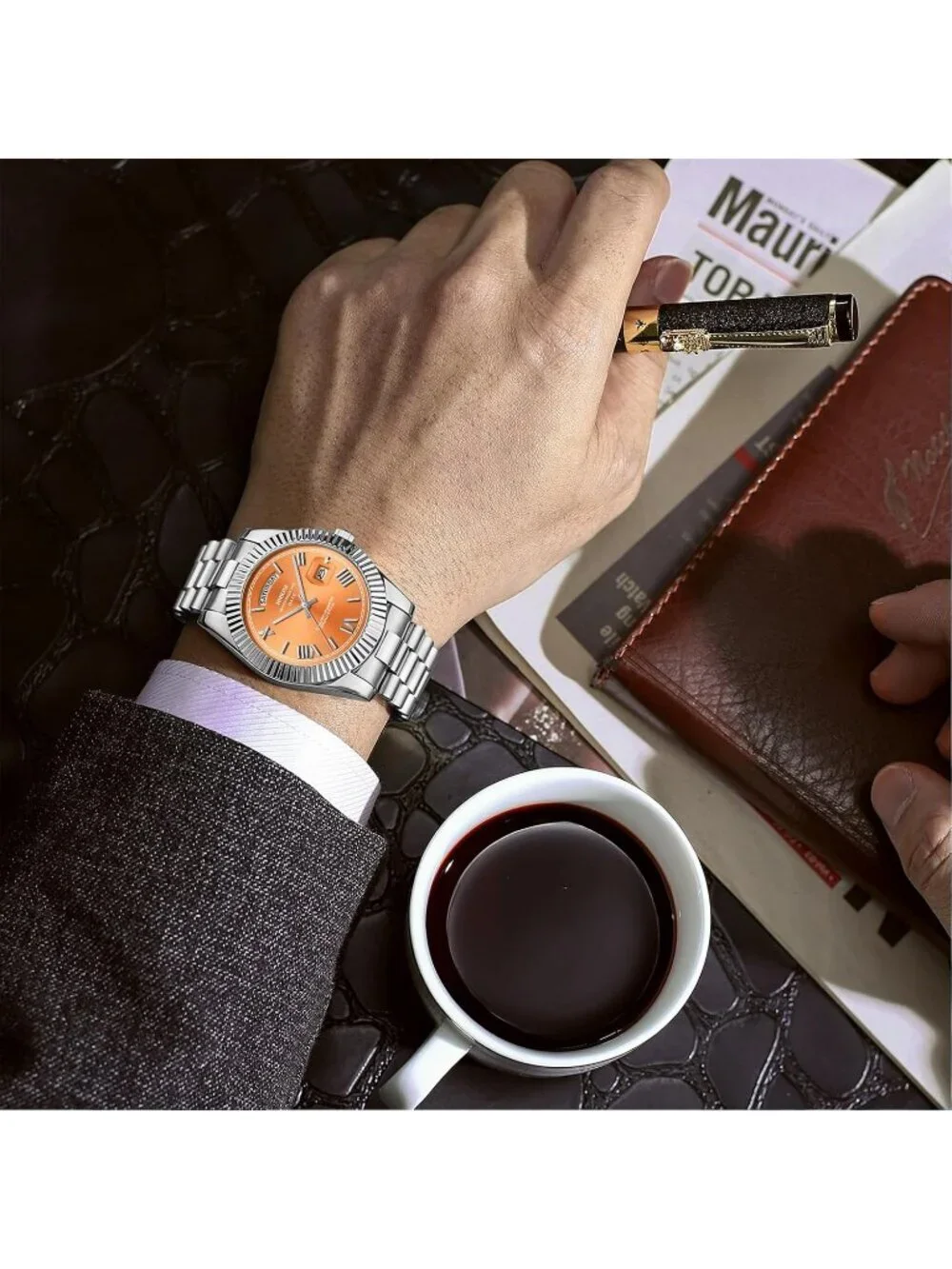 Nibosi Mens Silver Orange Analog Quartz Stainless Waterproof Desiger Wrist Watch
